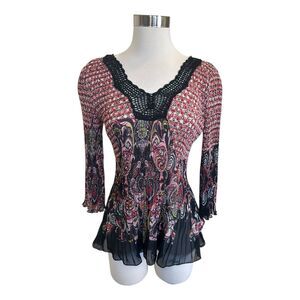 Alberto Makali VTG Accordian Peplum V Neck Blouse Crochet Sequins Sz M